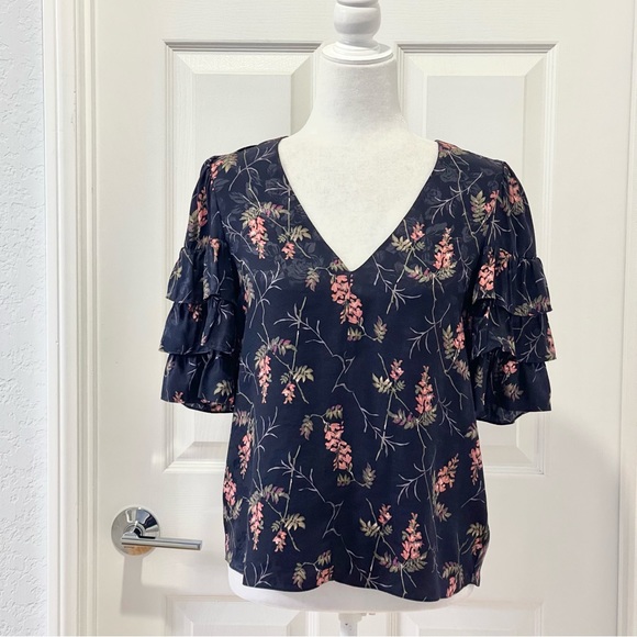 Rebecca Taylor Ivie Silk Fleur Sprig Floral Print Jacquard Top Size 4 - Picture 4 of 13